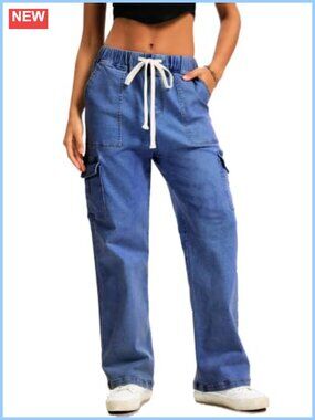 Women's High Waisted Cargo Jeans Baggy Straight Leg Stretchy Pants